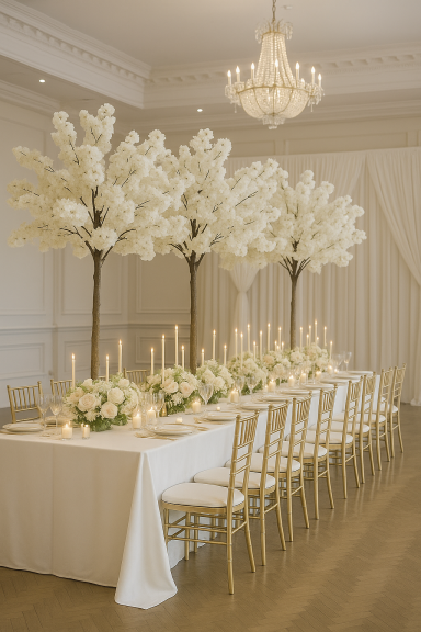 Regal Decor UK - candles and blossom trees on table. 