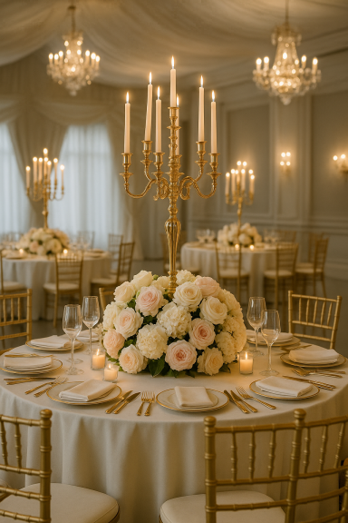 12-arm gold candelabras with Florals by Regal Decor UK 