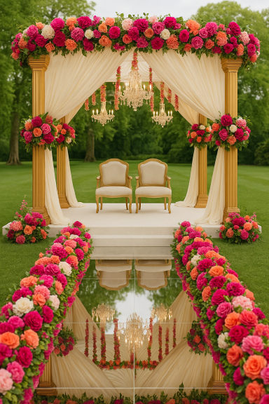 Regal Decor - Vibrant outdoor mandap décor with mirrored aisle, gold pillars, and tropical florals in fuchsia, coral & ivory — luxury weddin